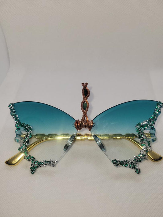 Green Tint Butterfly Third Eye Glasses - Double Malachite Gems